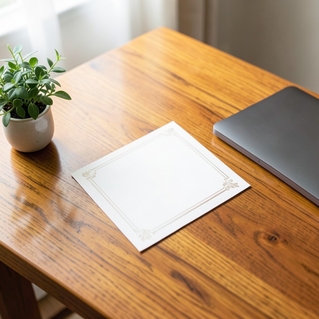 Begrüßungskarte und Laptop auf einem hellen Holztisch