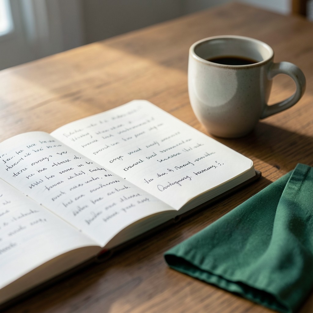 Notizbuch mit Betreffzeilen-Varianten neben einer Tasse Kaffee