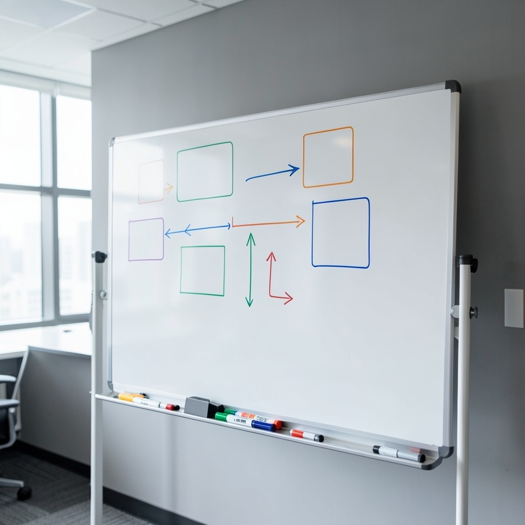 Whiteboard mit Rubrikenplan für einen Newsletter