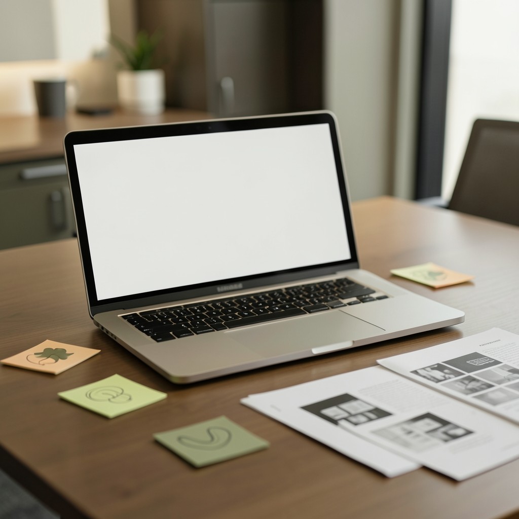 Redaktionstisch mit Notizen und Laptop für die Newsletter-Arbeit